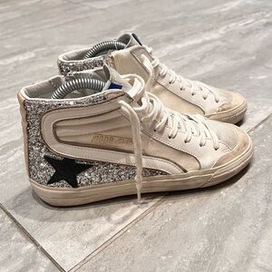 Golden Goose Slide White and Silver Glitter High-Top Sneakers